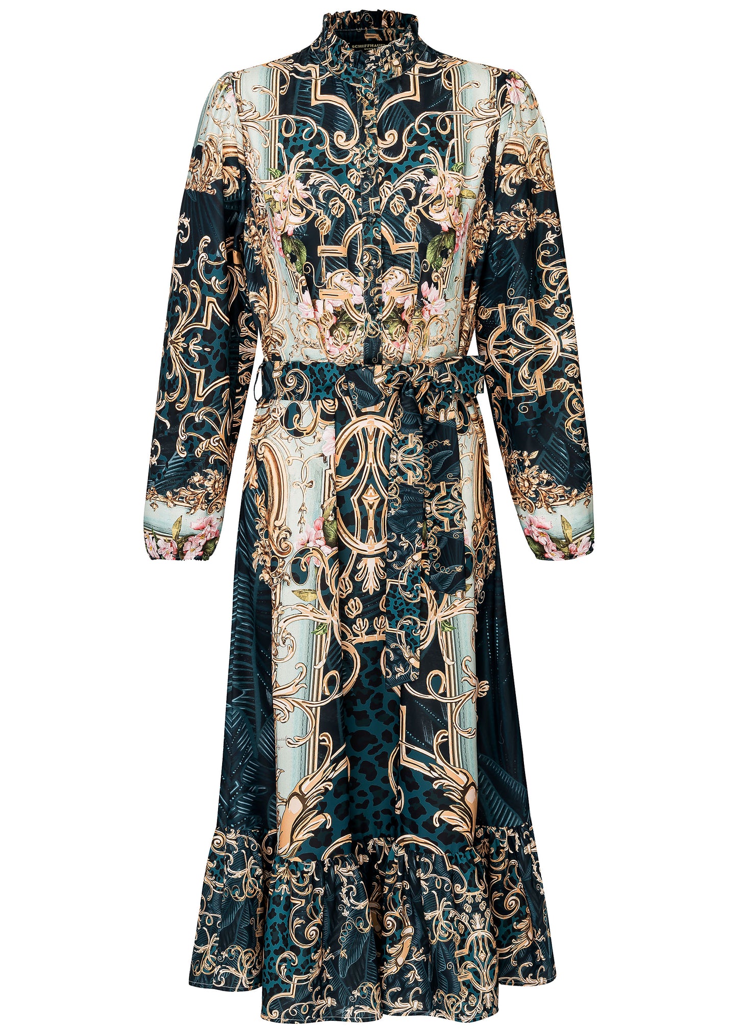 Midi Dress With Ruffled Collar And Belt