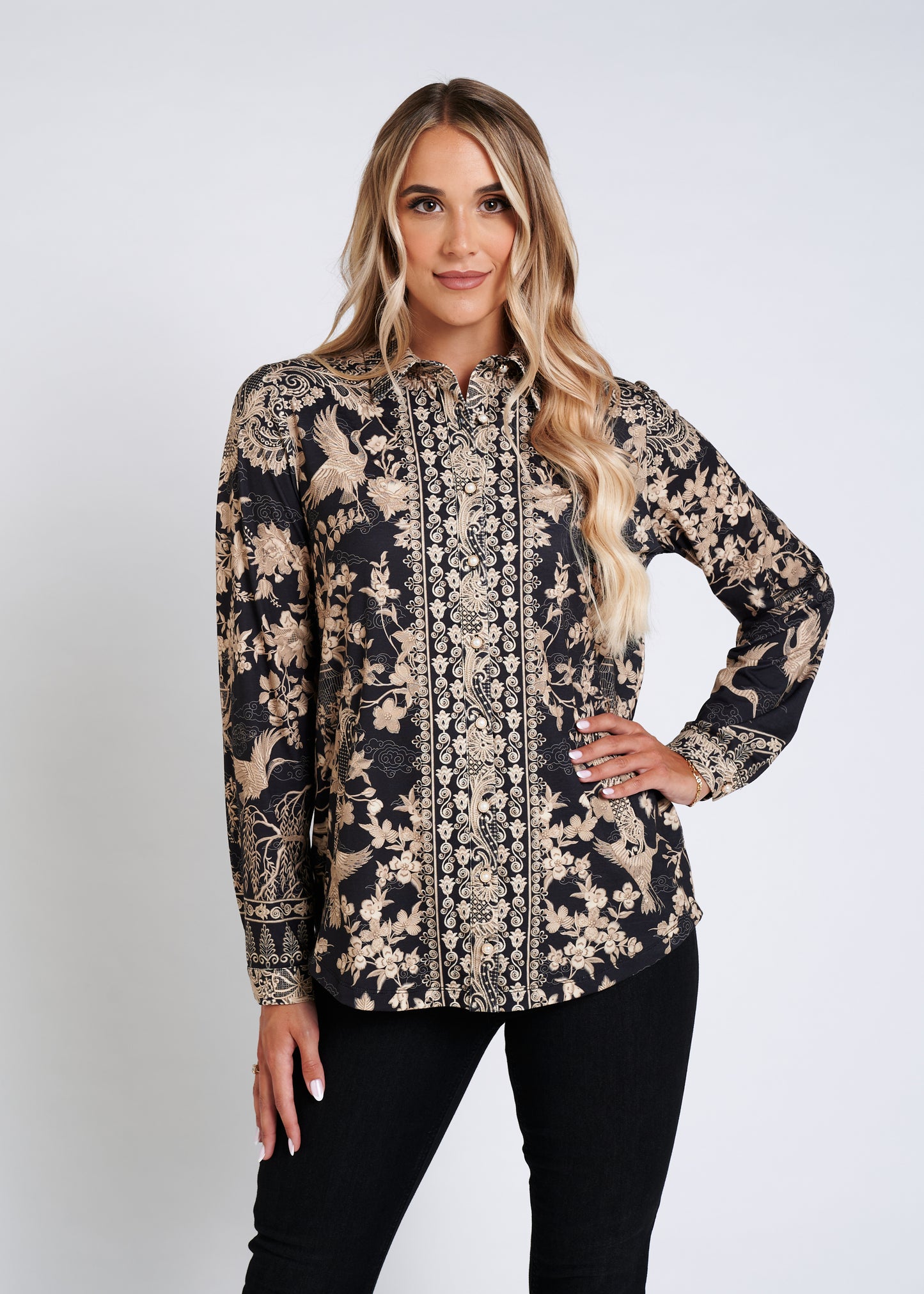 Soft-Touch Blouse With Pockets And Rhinestone Finishing