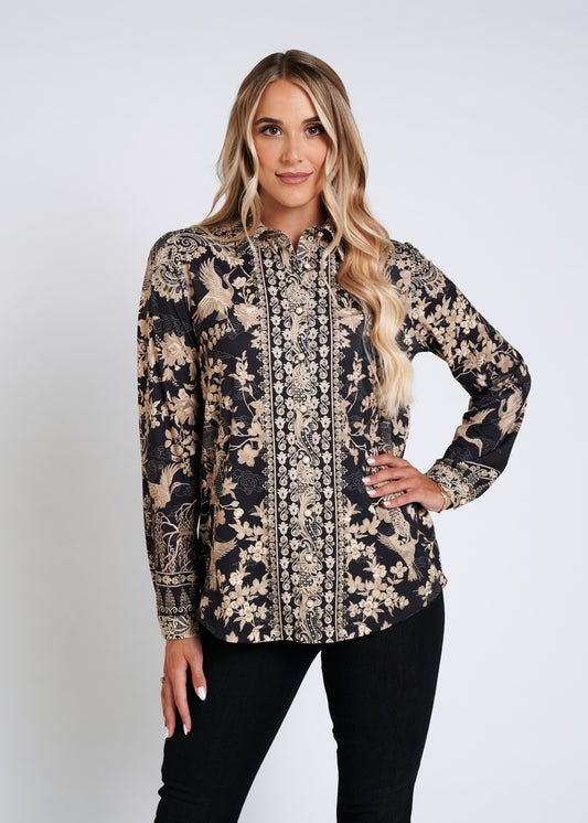 Soft-Touch Blouse With Pockets And Rhinestone Finishing
