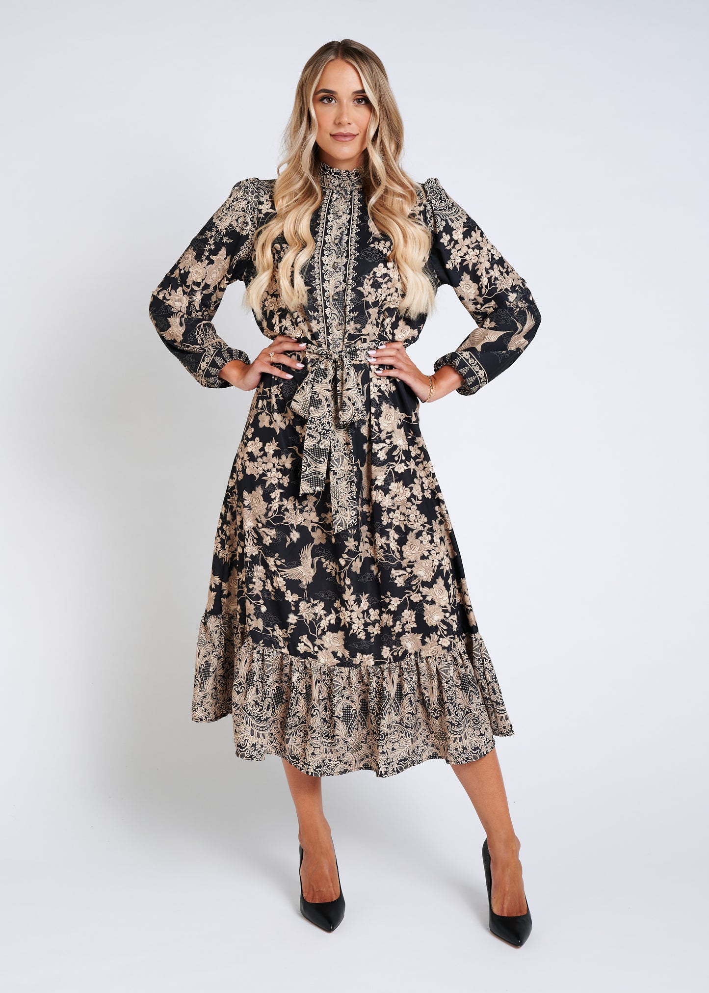 Midi Dress With Ruffled Collar And Belt