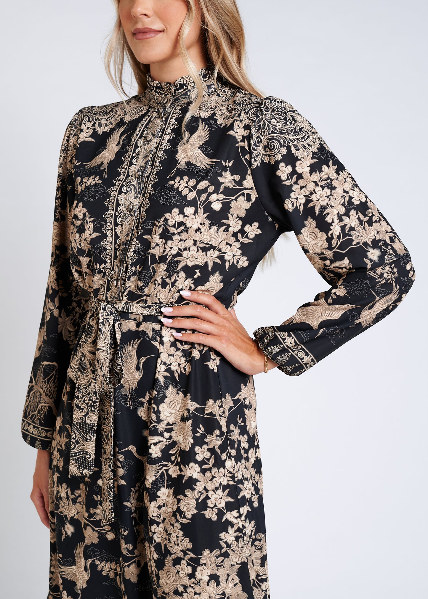 Midi Dress With Ruffled Collar And Belt