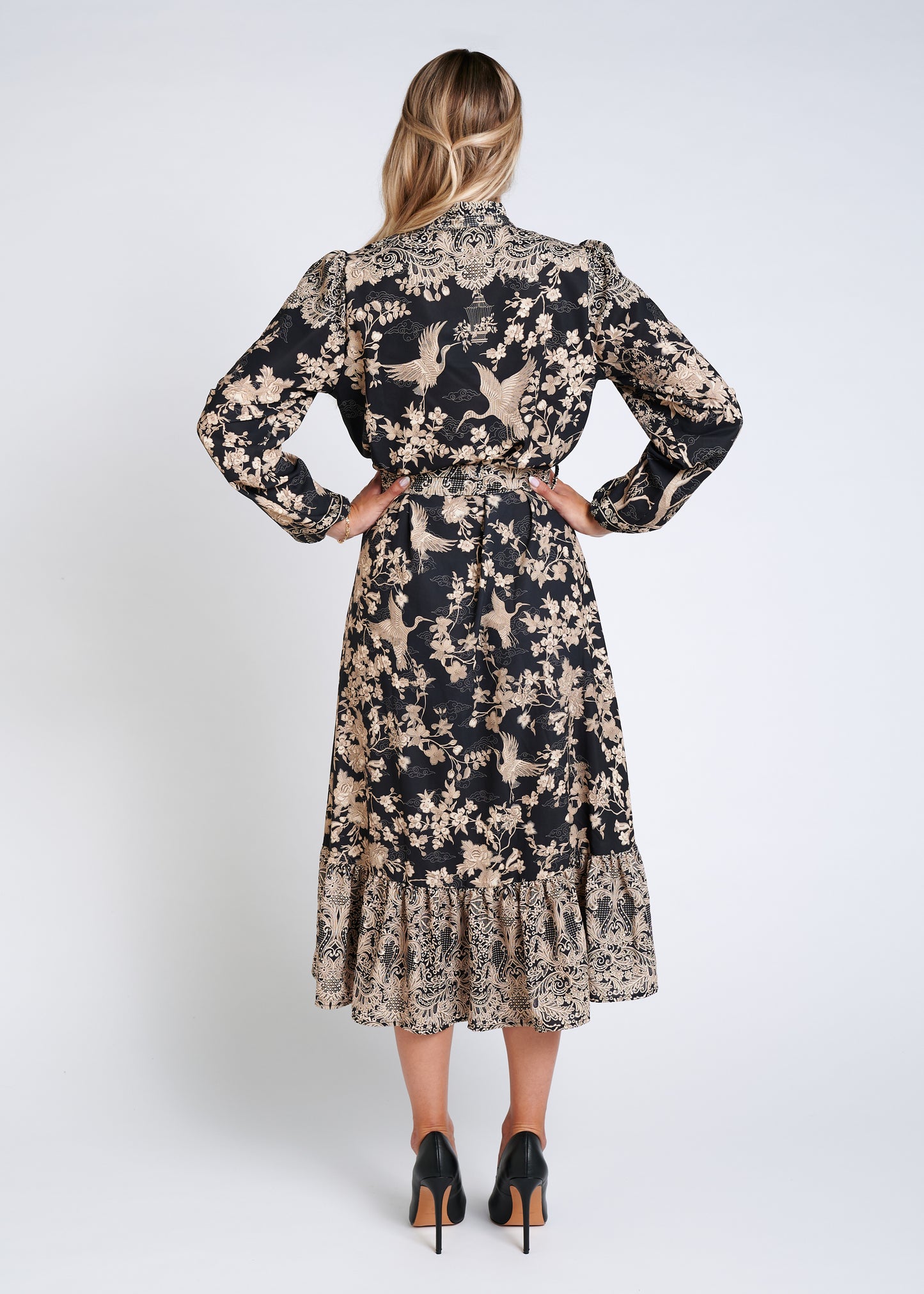 Midi Dress With Ruffled Collar And Belt