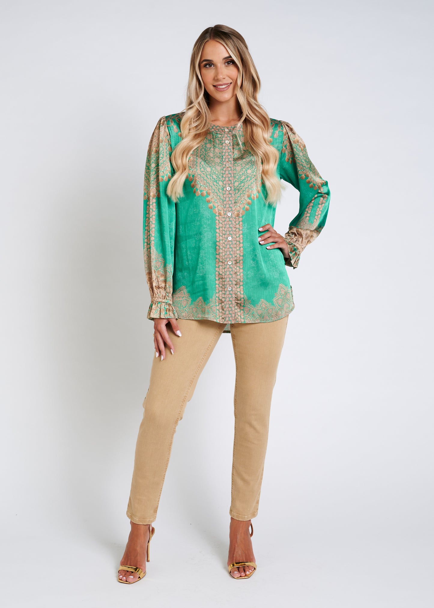 Blouse With Round Neck And Rhinestone Finishing