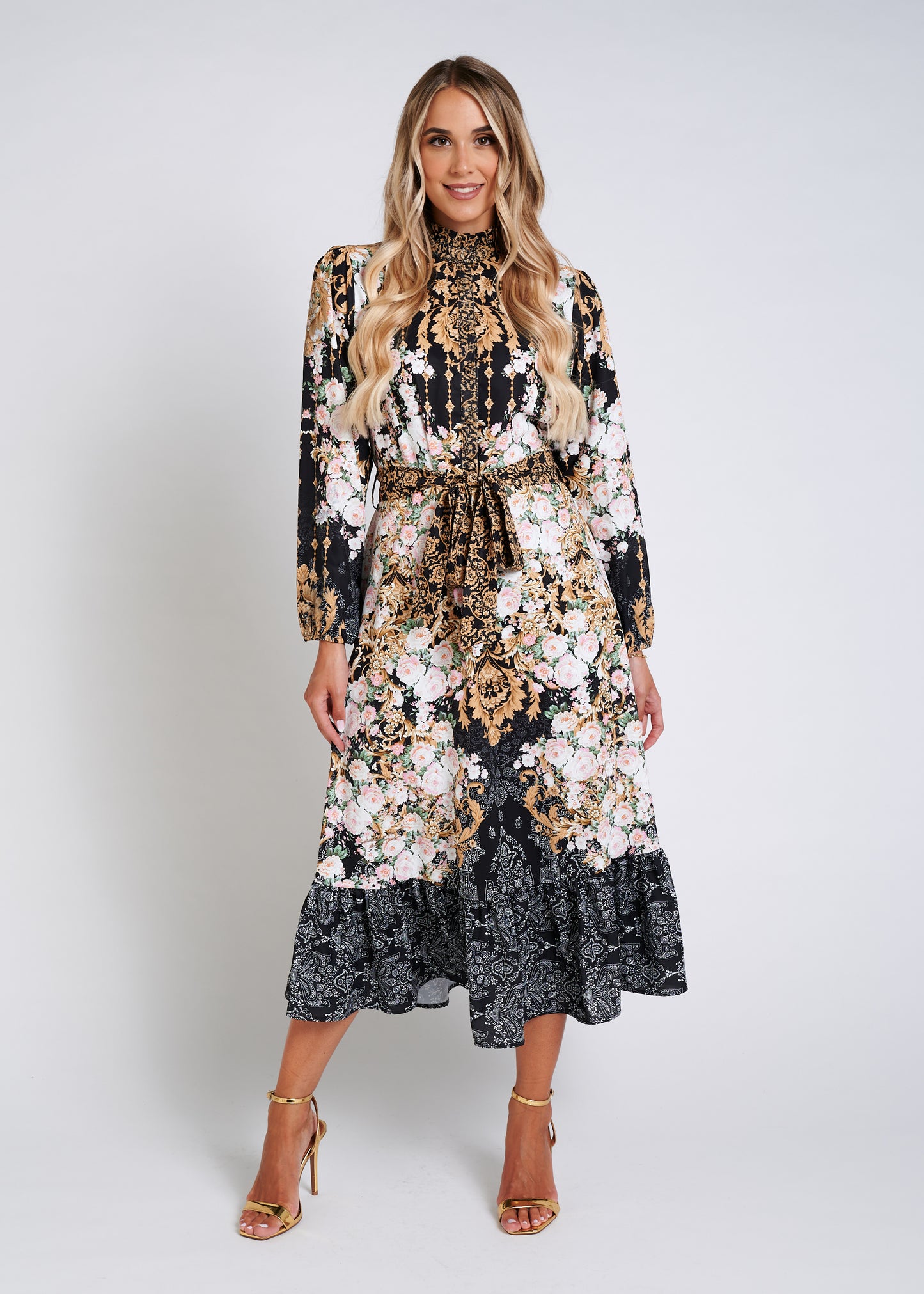 Midi Dress With Ruffled Collar And Belt