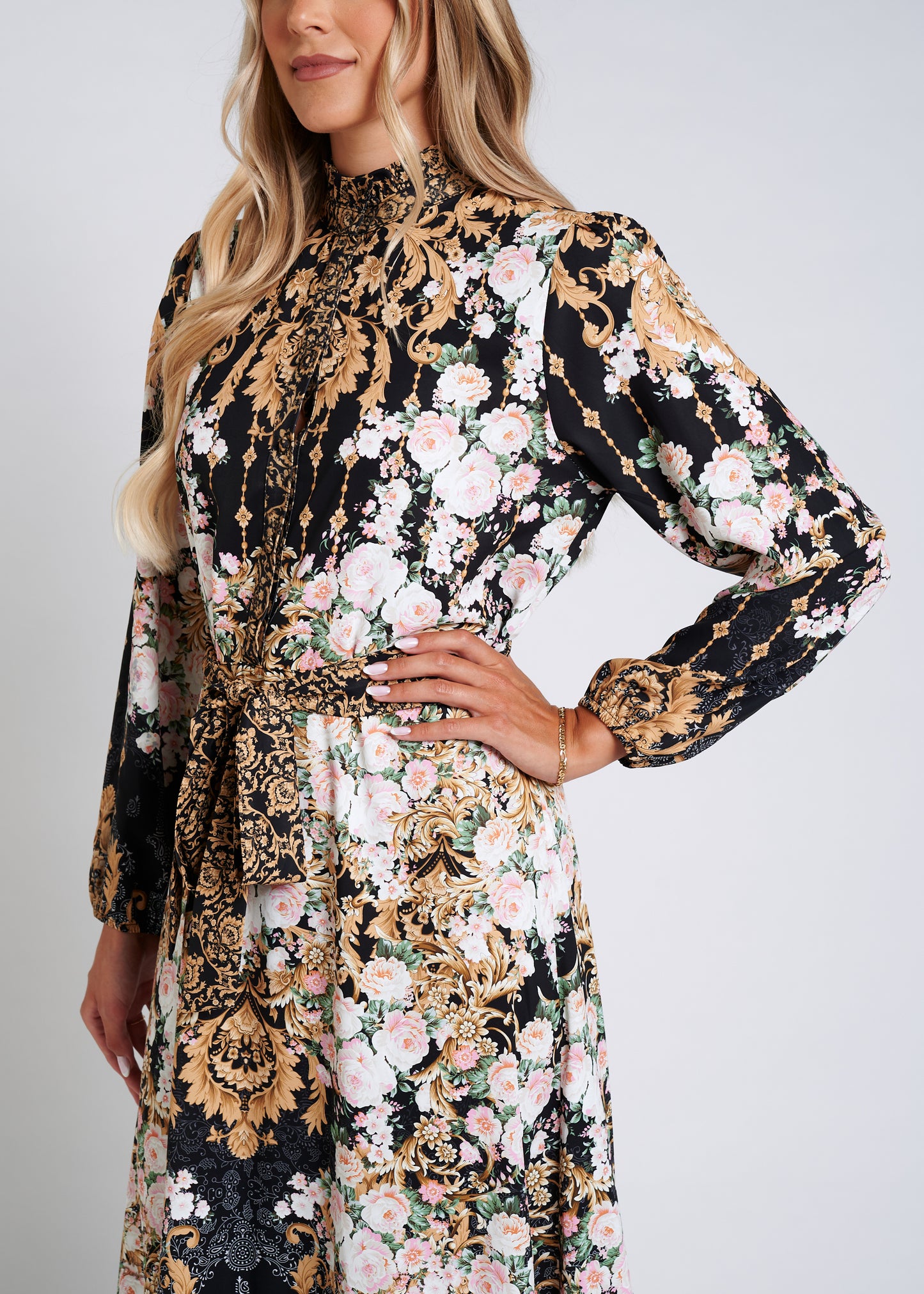 Midi Dress With Ruffled Collar And Belt