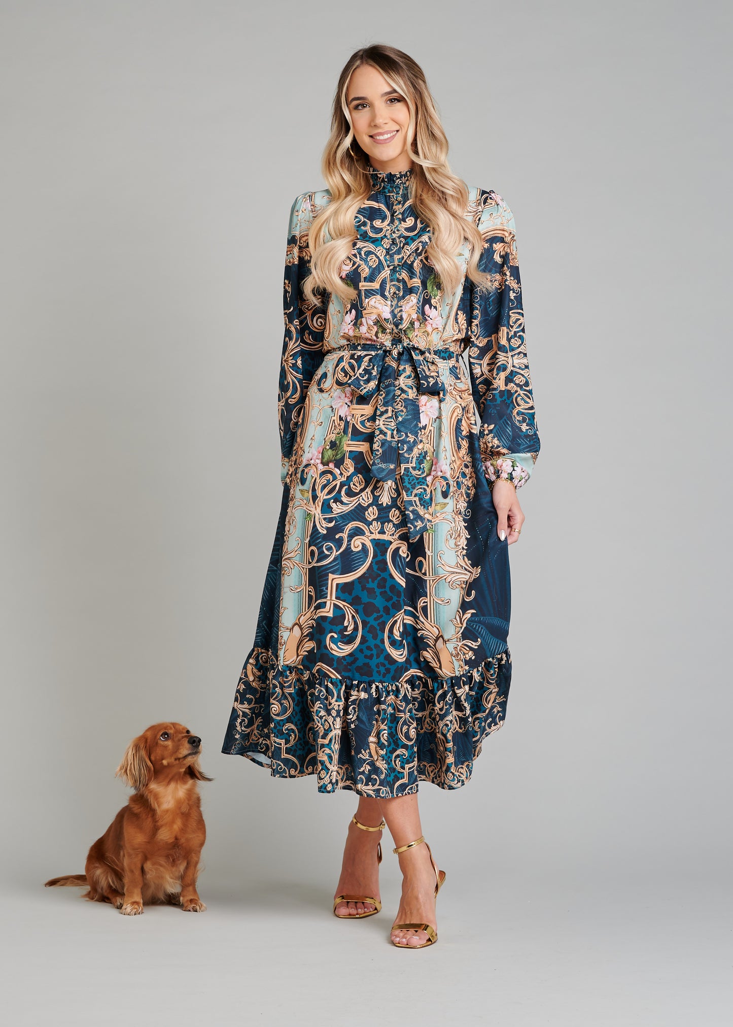 Midi Dress With Ruffled Collar And Belt