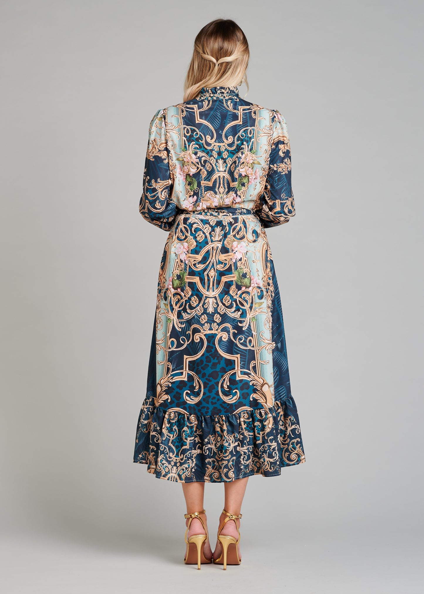 Midi Dress With Ruffled Collar And Belt