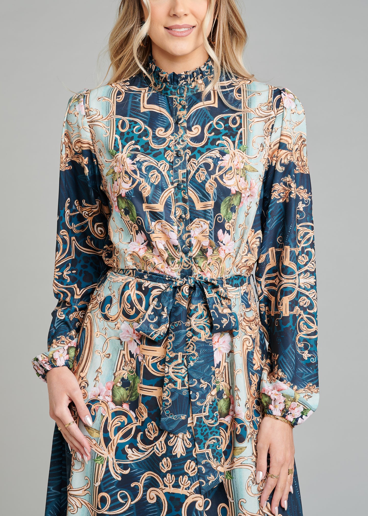 Midi Dress With Ruffled Collar And Belt