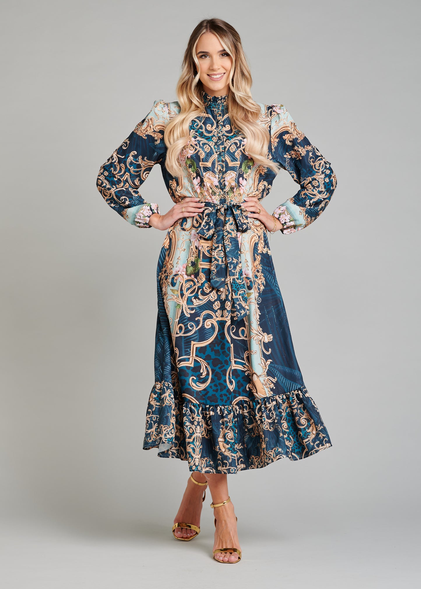 Midi Dress With Ruffled Collar And Belt