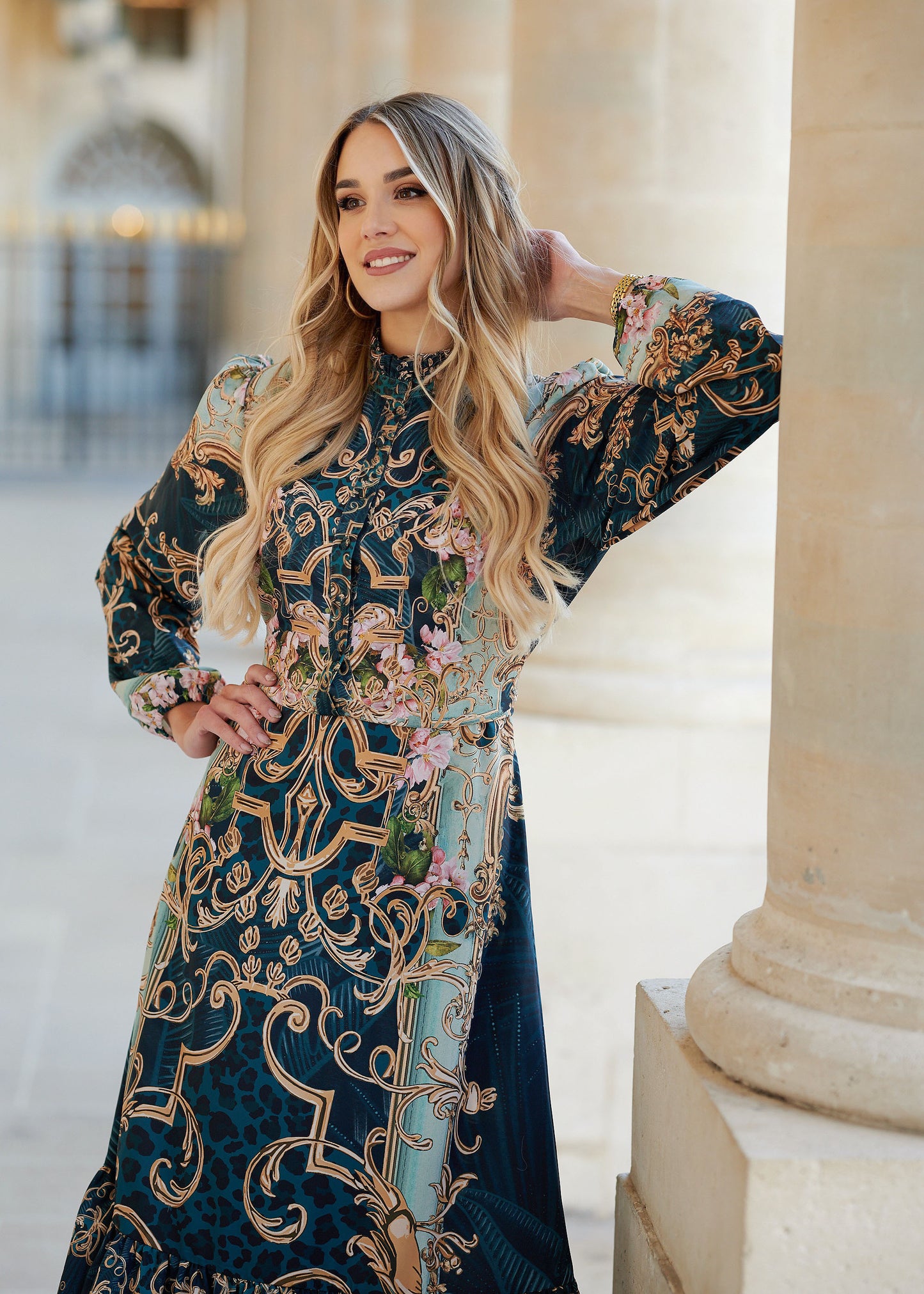 Midi Dress With Ruffled Collar And Belt