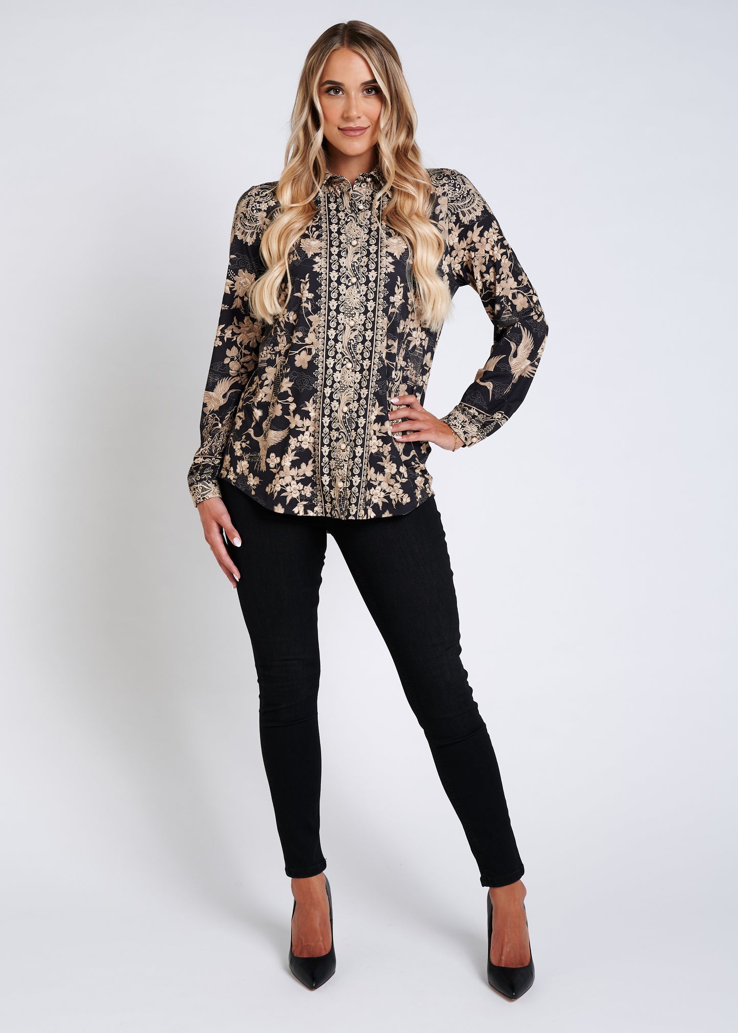 Soft-Touch Blouse With Pockets And Rhinestone Finishing