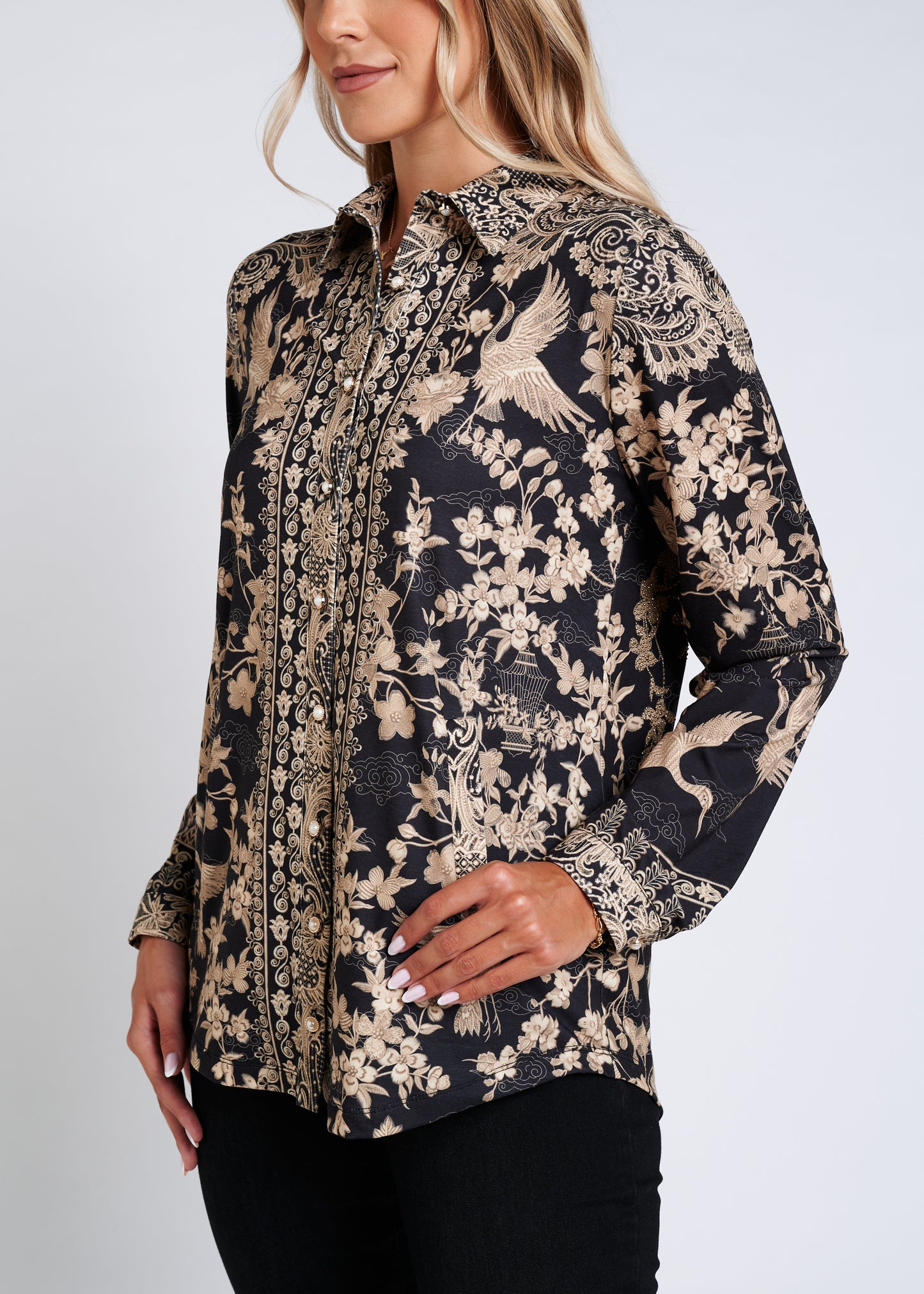 Soft-Touch Blouse With Pockets And Rhinestone Finishing