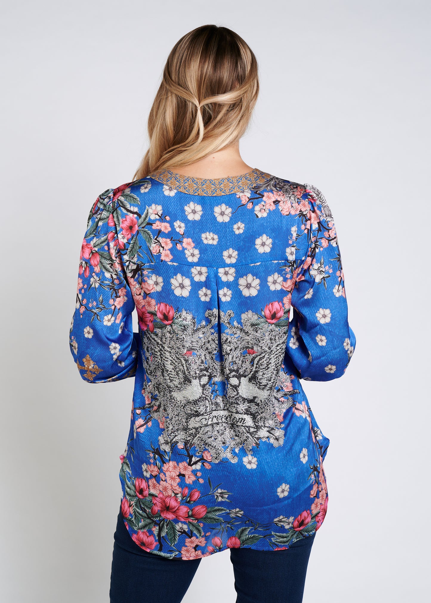 Bluse mit Rundhals und Strass Veredelung