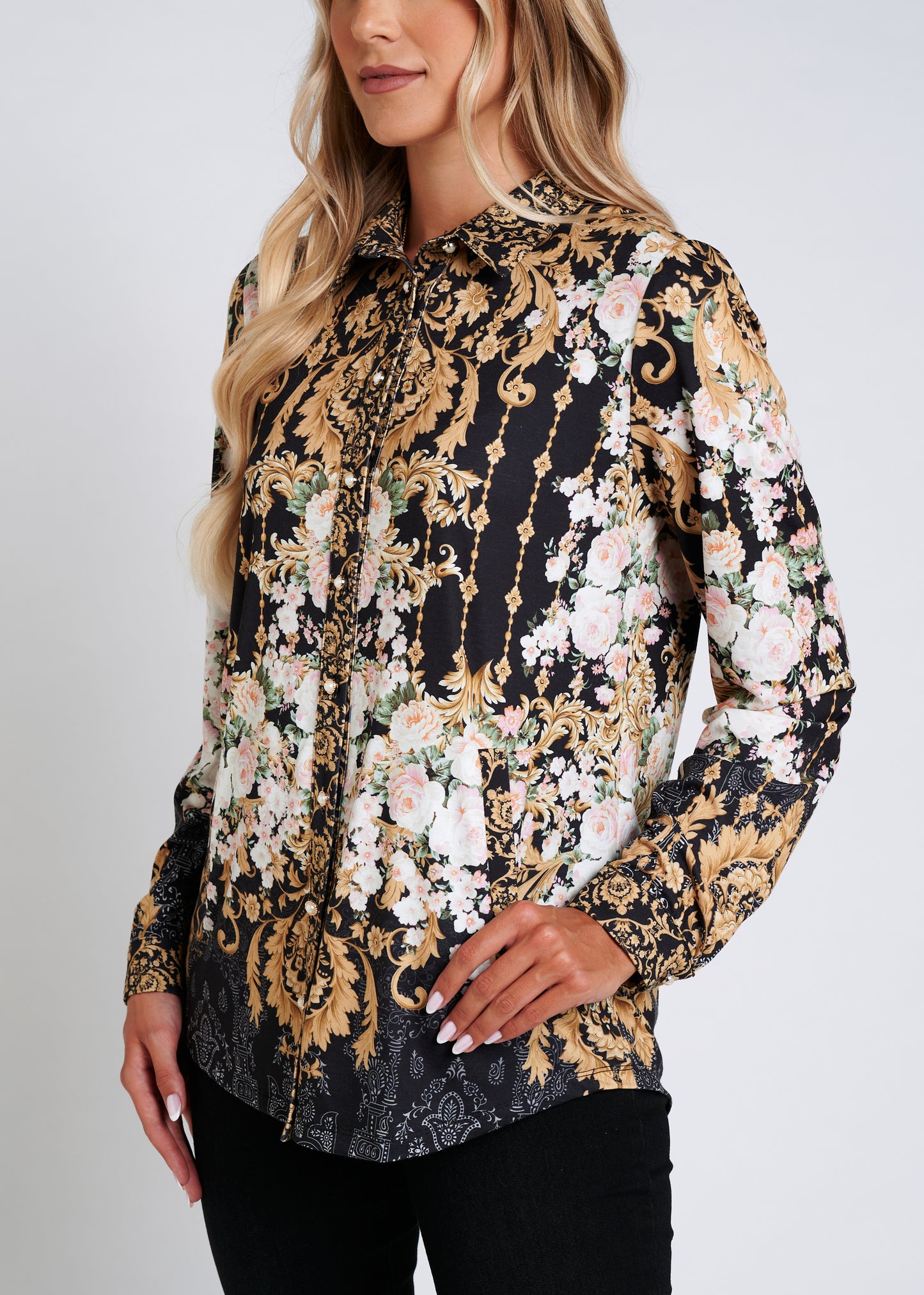 Soft-Touch Blouse With Pockets And Rhinestone Finishing